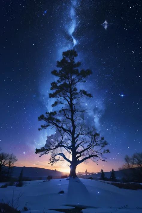 a close up of a tree with a lot of stars on it, a digital rendering by Mia Brownell, pexels, magical realism, starry-night!!!!!!!!!!!!!!!!!!!!, twinkling stars, beautiful blue lights, magical tree, magical lights, stars glistening in the night, lush tress ...