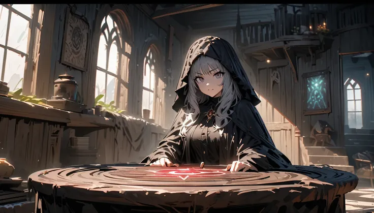 Positive Interactive Footage Dark interior of a witchs house, black magic witch probably around 40 years old, wearing a black veil, cold expression, thin, sitting on one side of a divination table is divining for me in front of the camera, there is a black...