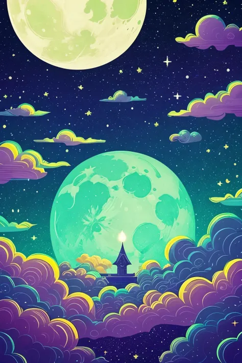 a green moon and clouds with stars in the sky, jen bartel, calm night. digital illustration, # pixelart, #pixelart, detailed dreamscape, beautiful glitch art dream, ✨🕌🌙, ☁🌪🌙👩🏾, space clouds, dreamy illustration, by Justin Sweet, dreamy night, by Justin Ger...