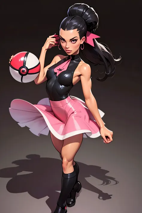 Masterpiece, Generate an illustration of a mature Roxanne, gym leader of pokemon , (lightgray dress), hd, holding a pokeball  all,  de terno preto, pink ascot,(( long black hair)), twin ponytail, shiny hair, (small breasts:1.2), outfit in anime format with...