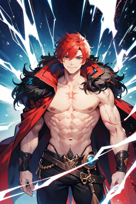 A buff shirtless guy, with red hair, masculine face, body scars, a confident smile, a fur cape, and blue lightning surrounding him.