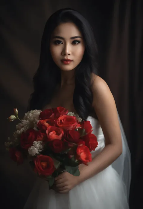 ultra realistic photo, full body, standing, of a beautiful woman from Indonesia, 20 years old, in jugle, dark background, she is just wearing a white bra and underpants, her feet and hands are wearing bridal stockings, her long black hair is blowing in the...