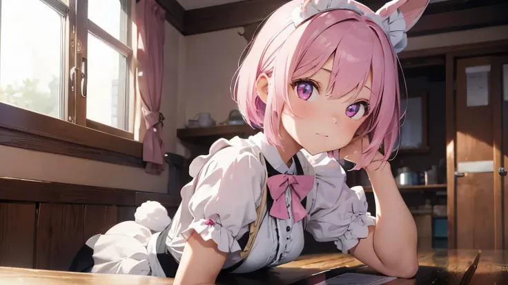 highest quality, pretty girl, pastel colour, fluffy rabbit ears, pink short bob,light pink eyes,maid