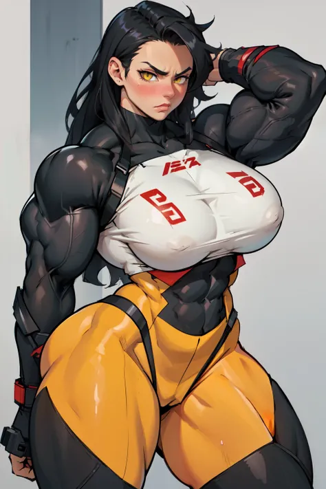 1girl (((muscular toned body))) huge breasts thick thighs wide hips curvy abs black hair yellow eyes very long hair pale skin voluptuous angry blush bodysuit