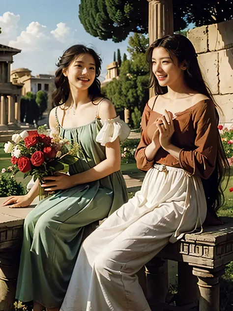 full body portrait or statue、Giorgione painting style,Arguments of two female Philosophe,math、astronomical machine、astronaut、roses in vase、fruits、Cute trinkets、smile、ancient greek costume、Ancient Roman landscape in the style of Nicolas Poussin,laughter,,Sw...