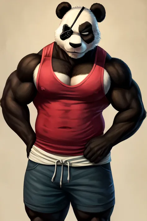 ((best quality)), ((masterpiece)), (detailed), male, anthropomorphic, furry, panda, muscular, wearing eye patch on right eye, black fur on torso, wearing tank top, shorts, grumpy