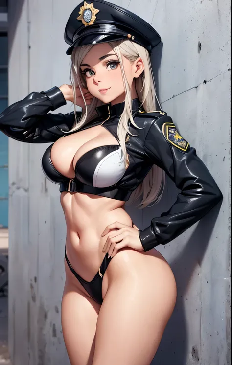 tirar: ((culo enorme)) Riley Reid in sexy police outfit, Cuerpo delgado, delgado grueso, silueta con curvas, sonriente, 12K HDR, hermoso rostro, ultra detallado, obra maestra, ((pose sexy contra la pared)), pelo blanco