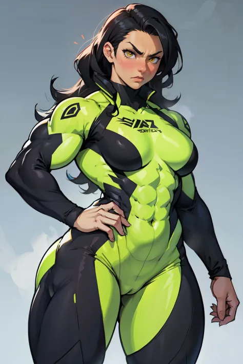 1girl (((muscular toned body))) large breasts thick thighs wide hips curvy abs black hair yellow eyes very long hair pale skin voluptuous angry blush bodysuit