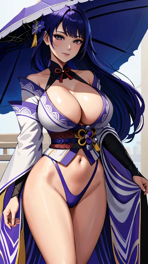 Raiden Shogun, raiden, (Breast-huge), nedium breasts, Masterpiece, Best quality, Ultra-slender hands resting on the hips), (angle of view:1.1), (Smile:0.9),Busty body，thick leg，（Dr490nSc4leAI fine detail scaly skin：1.4）