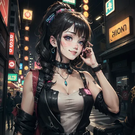 masterpiece, best quality, 1((Smile)) Cyberpunk boys standing together, Harajuku style cyberpunk body strap, bold colors and patterns, eye-catching accessories, Stylish and innovative hairstyles, Dazzling cyberpunk cityscapes, skyscrapers, glowing neon sig...