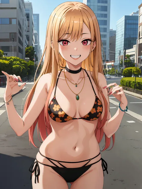 masterpiece, highest quality, High resolution, kitagawa marin sb, 1 girl, blonde hair, long hair, colorful hair, red eyes, jewelry, necklace, choker, black bikini, Floral, bracelet, side tie bikini bottom, panty shot, city, grin and laugh