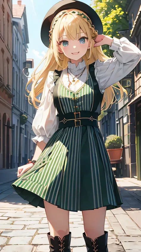 Polish national costume(Dark green vertical stripes are the main theme、Colorful vertical striped skirt、There is a white horizontal stripe down the center of the skirt...、Bright embroidered blouse)、Braid、Black Leather Short Boots、Dark Green Vest、Redwood Nec...