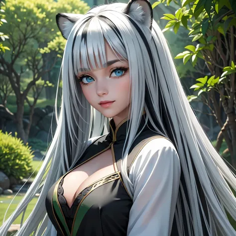 beautiful 30 year old woman with white tiger ears and white hair with black stripes. ojos cerrados. pechos grandes. sonrisa. disfraz guerrera china color verde escotado. escote. imagen cuerpo competo. mystical temple background. disfraz chino color verde