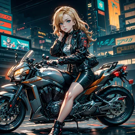 multiple poses and expressions, character sheet, Blonde woman in leather clothes sitting on a motorcycle, sitting on a cyberpunk bike, lost run style, cyberpunk anime girl, In the style of Los Tran, cyberpunk anime art, Digital Cyberpunk - Anime Art, anime...