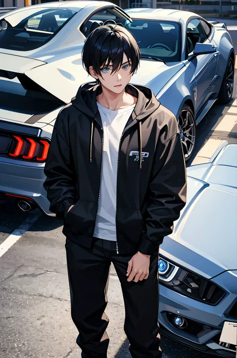 1boy with ford mustang car,black white hoodie,blue eyes,black hair,mullet haircut, car meet background
