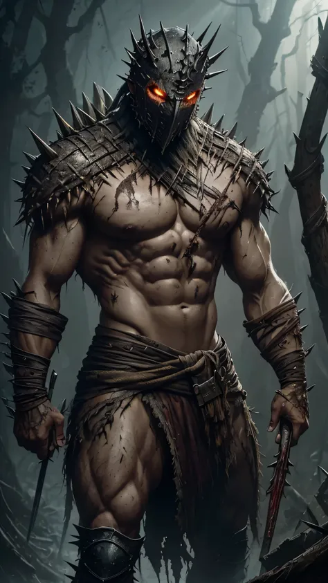 ((Drahmin)) from Mortal Kombat, ((tall hunched monstrous creature)), ((decayed and disfigured flesh)), (rotting flesh with exposed bones and sinew), ((head is covered by a spiked rusty worn metal mask with sharp spikes protruding)), thick sturdy limbs, ((w...