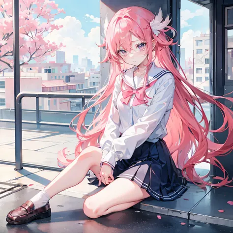 Coral pink hair，long hair，hair over one eye，gray eyes，feather hair ornament，cute，girl，Cry，Tears expression，School Uniforms，Canvas shoes on his feet，whole body，sit on the floor，hands on knees，Does not expose fingers，background rooftop，blue sky，