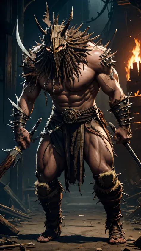 ((Drahmin)) from Mortal Kombat, ((tall hunched monstrous creature)), ((decayed and disfigured flesh)), (rotting flesh with exposed bones and sinew), ((head is covered by a spiked rusty worn metal mask with sharp spikes protruding)), thick sturdy limbs, ((w...