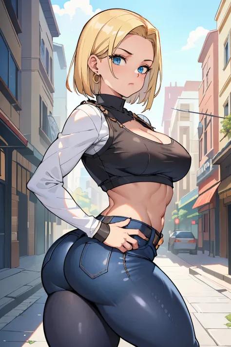 unparalleled masterpiece, ultra realistic 8k CG, perfect artwork, (1girl:1.1) , solo, ((perfect female figure)), (nsfw), looking at viewer, mature female, bimbo (android 18) standing, (teasing), best quality:1.1 , seductive posture, sexy pose, alluring, (b...