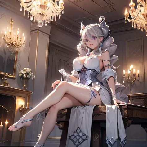 ((masterpiece)),(best quality), ((extremely detailed CG unity 4k wallpaper)),(cinematic lighting), (an extremely delicate and beautiful girl:1.3),(++silver hair++), purple eyes, long hair, jewelry,earrings, :d, maid, labrynth,
Large breast ,(Crystal chande...