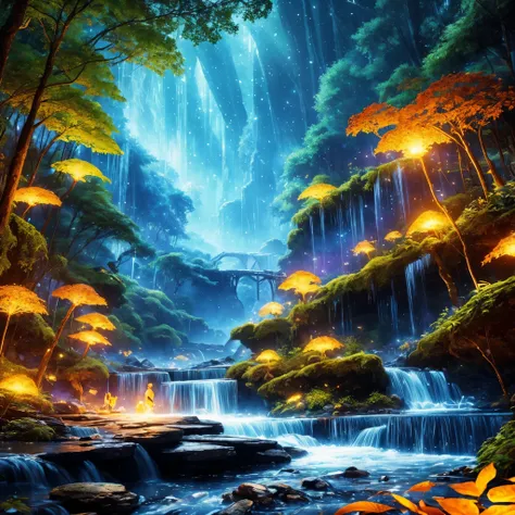 master piece，best quality，expensive、expensive品質，very detailed，8K，A stream flows through a mysterious forest，Fantastic snow and ice jungle，Ice Witch，colorful ice magic，Glowing Sprites，natural elements of forest theme，colorful snow and ice jungle，epic fantas...