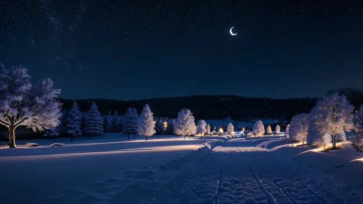 night, moon, Snowy Path, flower garden, It&#39;s snowing, 吹snow，lanthanum, snowの花，flower garden，warm light，Gentle Light, Surrealism, Hyperrealism, cinematic lighting, sparkle, multiple views, UHD, masterpiece, higher, winter scenery, snow, firefly, brillia...