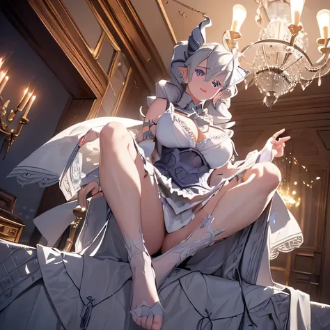 ((masterpiece)),(best quality), ((extremely detailed CG unity 4k wallpaper)),(cinematic lighting), (an extremely delicate and beautiful girl:1.3),(++silver hair++), purple eyes, long hair, jewelry,earrings, :d, maid, labrynth,
Large breast ,(Crystal chande...