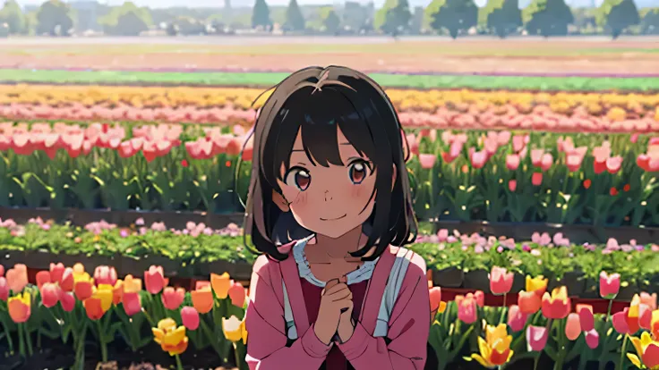 A 3-year-old girl is smiling and gazing at tulips in a tulip field、don&#39;t cut your head