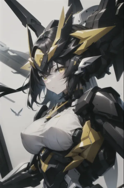 muscular girl large breasts black hair yellow eyes pale skin sad mecha musume