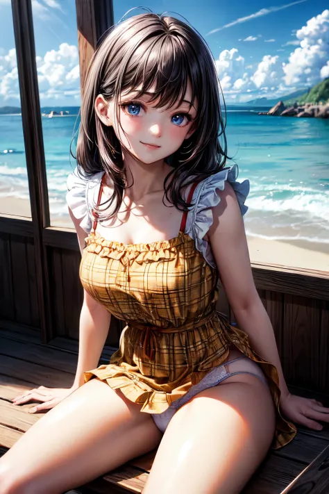 very cute and beautiful girl sitting near window, (yellow plaid summer dress with detailed frills),sleeveless,detailed lace,(spread legs),(white panties:1.12), (highly detailed beautiful face and eyes),beach,wooden floating cottage,distant trees and ocean,...