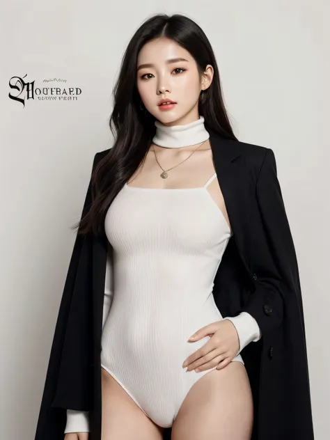 Una mujer con un traje blanco y un abrigo negro posando para una foto., modelo de moda femenina coreana, heonhwa choe, sun yunjoo, Lee Ji Eun, Lee Ji-Eun, gorgeous young mujer coreana, traje ajustado blanco liso, actriz femenina de corea, beautiful south m...