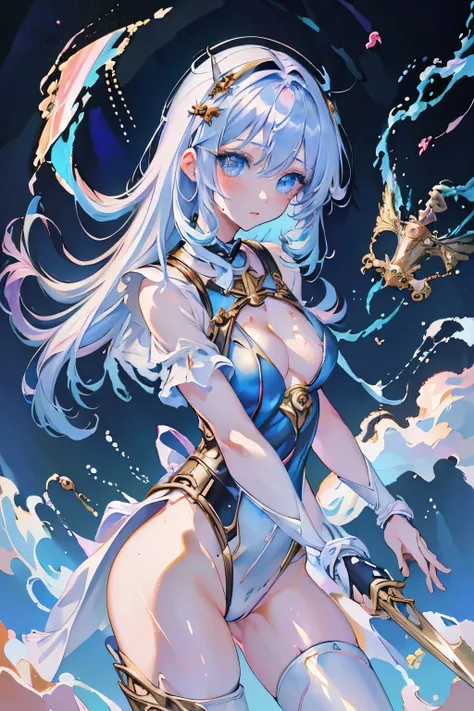 （（（highest quality、masterpiece、normal body、8k、detailed face、ultra precision、normal hand、normal finger、５This finger、supreme）））female hero、human、blonde、Silver Breastplate、Racy blue leotard、white pareo、Holy Sword Excalibur、（（slave collar、Shattered armor、Tatte...