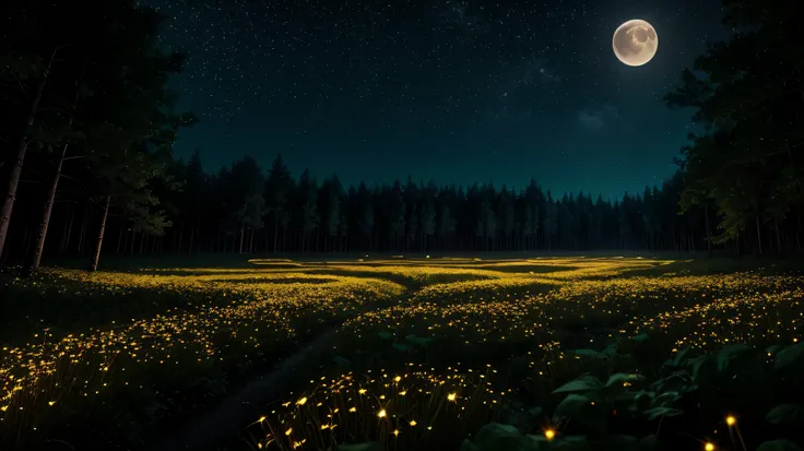 night, moon, A forest where fireflies live, Unusual flowers, pouring light, Light pours down from the sky, Gentle Light, Surrealism, Hyperrealism, cinematic lighting, sparkle, multiple views, UHD, masterpiece, highres