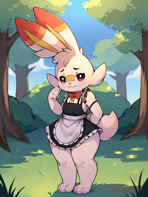 (baby scorbunny),(scorbunny Pokémon),(black eyes),((green park)), (anatomically correct) (Fluffy) (furry) (fuffy paws) (black pupils) ((full body)) (cute) (maid)