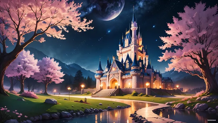 landscape images、Western-style castle、Cherry blossoms in front。Magical Night, Disney-style illustration, magical lullaby, dreamy atmosphere, starry sky,,bedtime fairy tales, Animated backgrounds, night adventure, Sweet dreams, quirky fantasy, musical night...