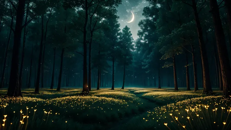 night, moon, A forest where fireflies live, Unusual flowers, pouring light, Light pours down from the sky, Gentle Light, Surrealism, Hyperrealism, cinematic lighting, sparkle, multiple views, UHD, masterpiece, highres