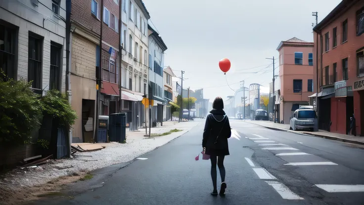 Cities destroyed in the Ukrainian war, A girl walking with a small balloon, banksy style, monochromatic, Super realistic, 8K、(masterpiece, highest quality:1.2), 1 girl, alone