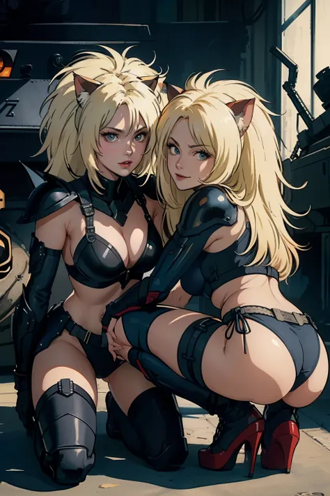 ((highest quality)), ((masterpiece)), (be familiar with), (High definition), 8K, perfect face、2 women、Two blonde women with cat ears standing side by side、(1 Crouching)、(1 standing)、(Smile)、tall、2 Blonde cat ears、2. Long Hair、2. Volumetric hair style、big b...