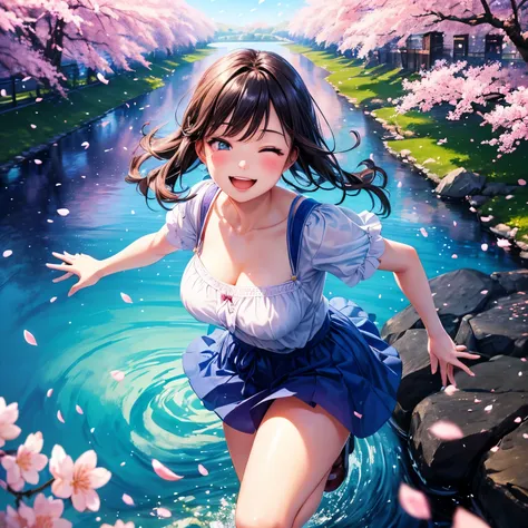 highres, extremely details, best quality, 32k, 8K wallpaper,4K digital animation art.1girl, A girl who loves spring. (blue color theme:1.3), Full body illustration, detailed eyes, (she running along with large gesture and a riverbed lined with cherry bloss...