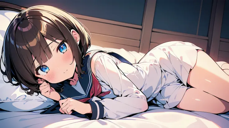 (best quality), (Super detailed), (Best Illustration), (1girl), full body, look at viewer, (white serafuku:1.3), lying, blush, {brown hair, (bob cut:1.2), curly hair, hairs between eyes}, {(detailed eyes), twinkle(in the eyes), blue eyes}, bed