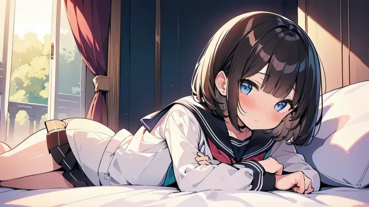 (best quality), (Super detailed), (Best Illustration), (1girl), full body, look at viewer, (white serafuku:1.3), lying, blush, {brown hair, (bob cut:1.2), curly hair, hairs between eyes}, {(detailed eyes), twinkle(in the eyes), blue eyes}, bed