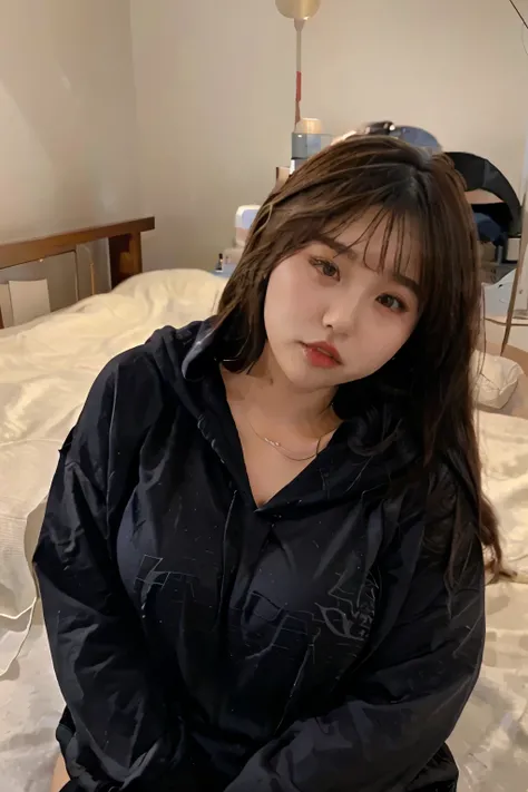 Create a beautiful women Korean women chubby women big breasts curvy body and red lips big eyes sleeping with a boy and she is wearing a full black long hoodie