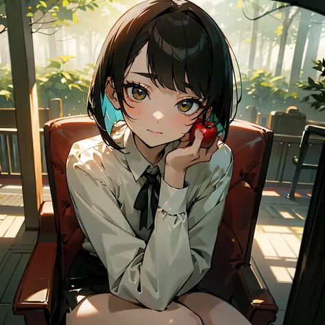 masterpiece、delicate details、shirt、cutter shirt、Chair、restraint、Chair、apple、red、modest chest、thin waist、athlete、sexy、while taking off clothes、Slender beauty、Your face is so cute、Bangs Patsun、Cropped Bob Cut、spats、long eyelashes、Big eyes、light makeup、forest...