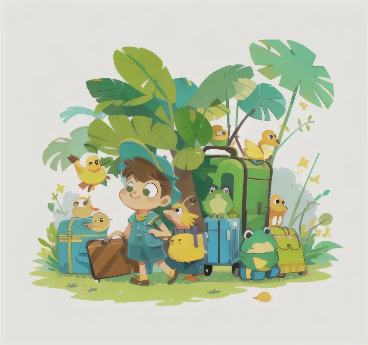 A little yellow duck holding a suitcase, In the cute sketch style of a traveling frog，Happily exploring the unknown world.