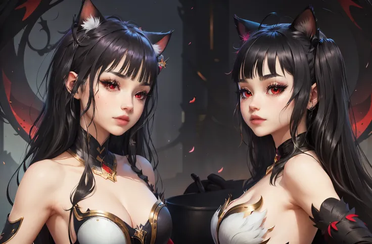 ,((long hair slightly wavy slightly past the shoulders, black bangs, small black pigtails on the sides, cute cat ears, beautiful thin red eyes,)),rojo_eyes, ojos brillantes,  DESCANSO coven evelynn, hyperdetailed intricately detailed art trending on Artsta...