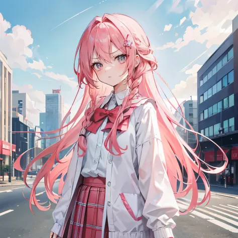 Coral Pink Hair，Not very long hair，Princess cut，There is a small braid，hair between eyes，，gray eyes，feather hair ornament，girl，cute，Plaid skirt，whole body照，whole body，Fingers and arms are not exposed，Background City，Blue sky and white clouds，Very angry exp...