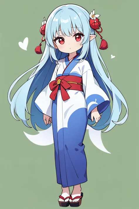 1 woman ,yukata white,chibi,No pattern,yukionnna,green background,long hear,full body,red eye,sideways,standing,Stand upright, low two hands,blue hairs,long hem,lower both hands,Empty-handed