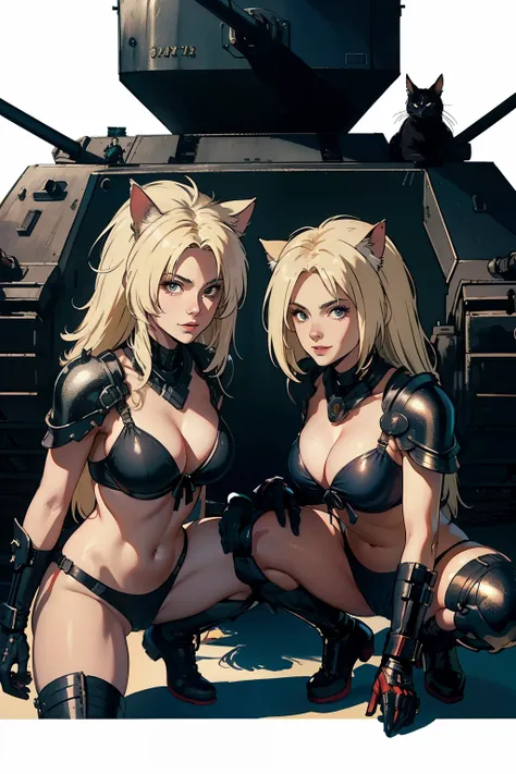 ((highest quality)), ((masterpiece)), (be familiar with), (High definition), 8K, perfect face、2 women、Two blonde women with cat ears standing side by side、(1 Crouching)、(1 standing)、(Smile)、tall、2 Blonde cat ears、2. Long Hair、2. Volumetric hair style、big b...