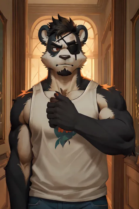 ((best quality)), ((masterpiece)), (detailed), male, anthropomorphic, furry, panda, muscular, wearing eye patch on right eye, wearing tank top and denim, grumpy, full body