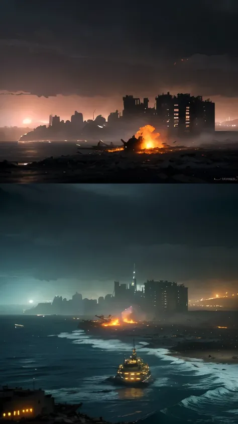 "(best quality,highres:1.2),vivid colored landscape,war-ravaged cities and battlefields,dark and ominous skies,ocean waves crashing against the shore,burning buildings and smoking ruins,aircraft and warships engaged in combat,scattered debris and wreckage,...